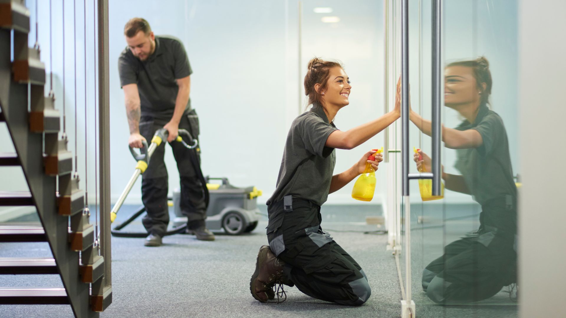 Professional commercial cleaning team working in a Raleigh office