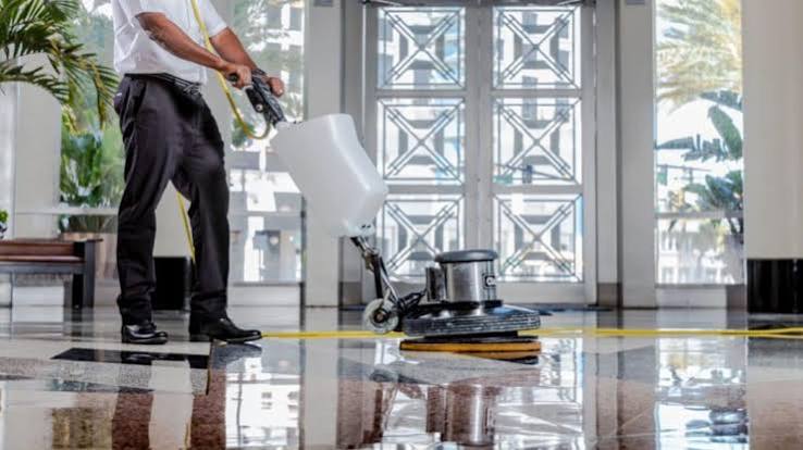 Commercial floor cleaning with floor buffer in Raleigh NC