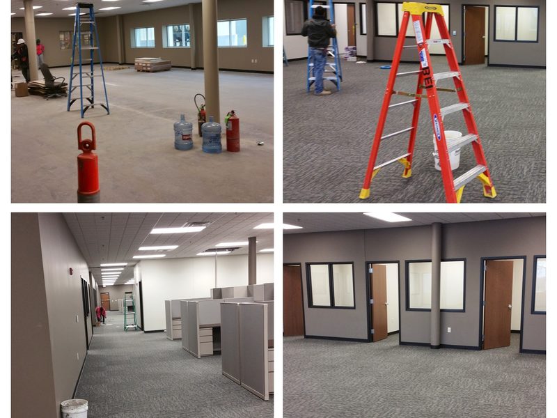 Post-construction cleaning crew vacuuming and detailing a new commercial build in Raleigh NC