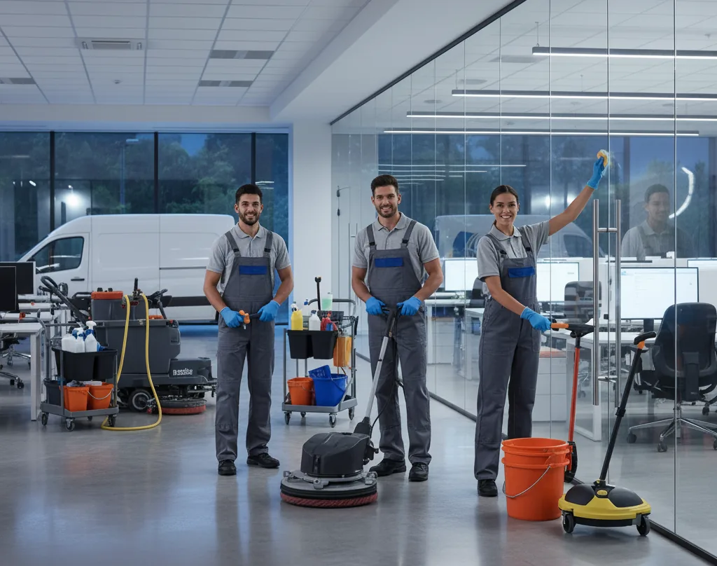Professional janitorial cleaning team with equipment in Raleigh NC