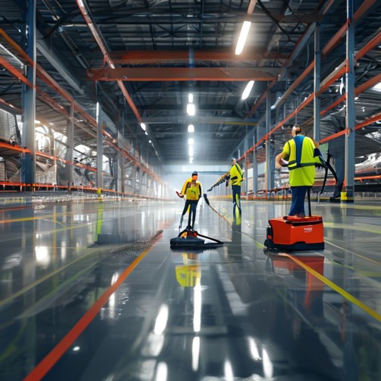 Warehouse cleaning crew machine-scrubbing floors in a Raleigh NC distribution facility